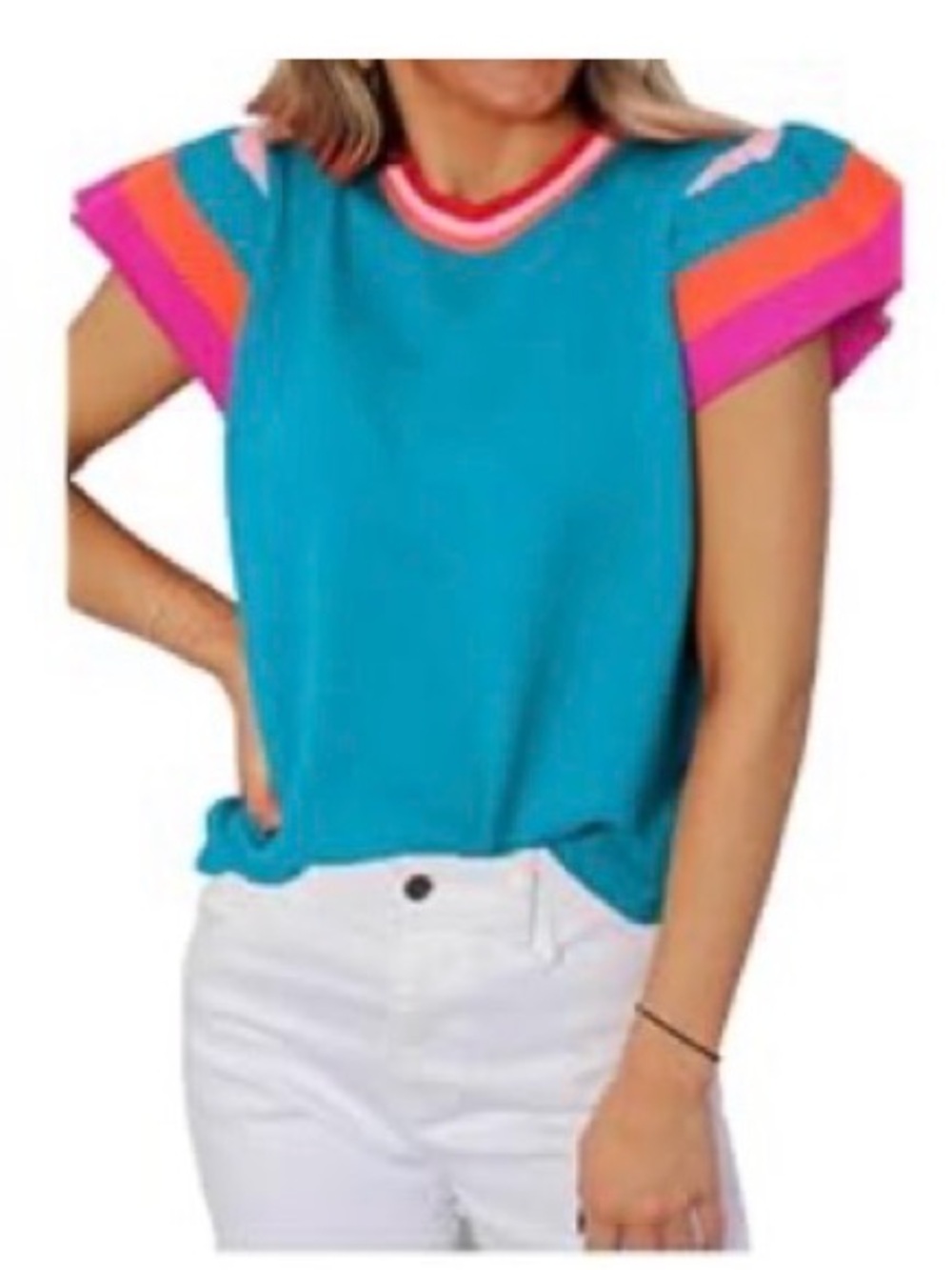 Brighter Blue Knit Top with Colorful Stripe Sleeves